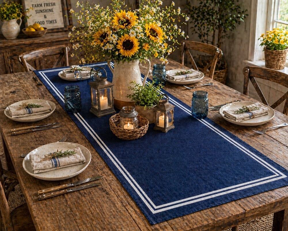 Denim Table Runner 72โ Blue Cotton Farmhouse Stripe Rustic Decor